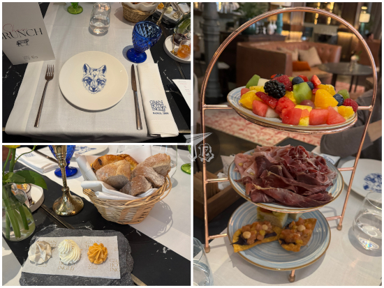 Food as described in the text - tray tower with fruit, sausages and fish snacks, bread and butter