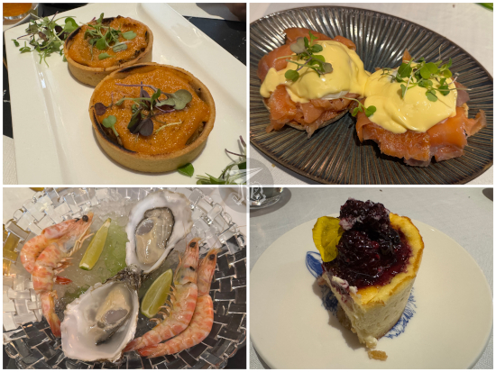 Food as described in the text - crab tartelet, prawns, oysters, eggs Benedtict, cheesecake