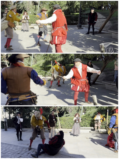 Sequence of a "theatre play" showing the assassination of some Medieval character, complete with swordplay