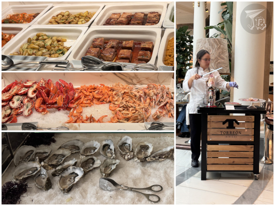 Lady cutting a cured pork leg, and several stations of a buffet, including cooked meat, seafood and oysters