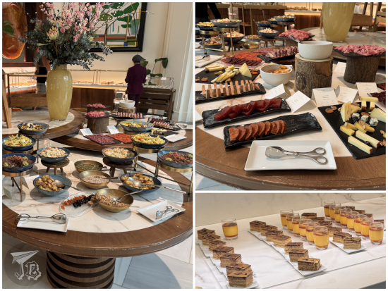 Cold meats and cheese, salad, and dessert stations in a buffet