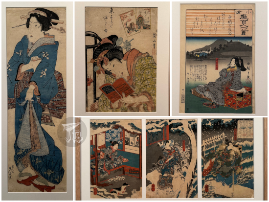 Japanese blockprints depicting ladies doing different activities in traditional clothes