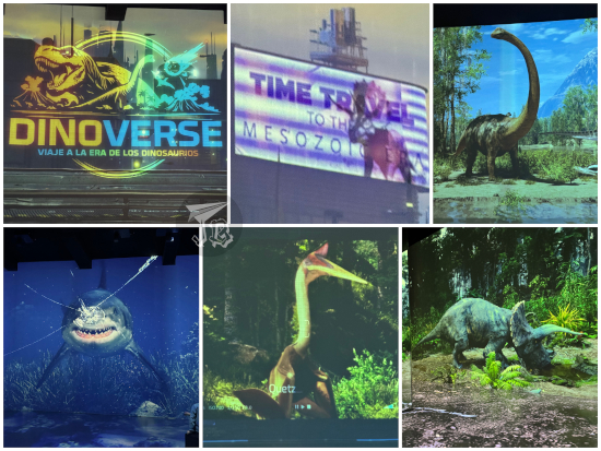 Collage showing CGI dinosaurs and other prehistoric creatures on a screen