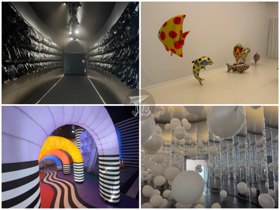Collage - balloons in different shapes, including a bridge-like structure