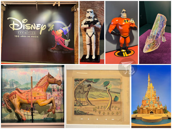 Exhibits at the Disney exhibition - stoorm trooper, Mr Incredible, a glass shoe, a merry-go-round horse, sketch from an old animaton, a reproduction of the Disney castle