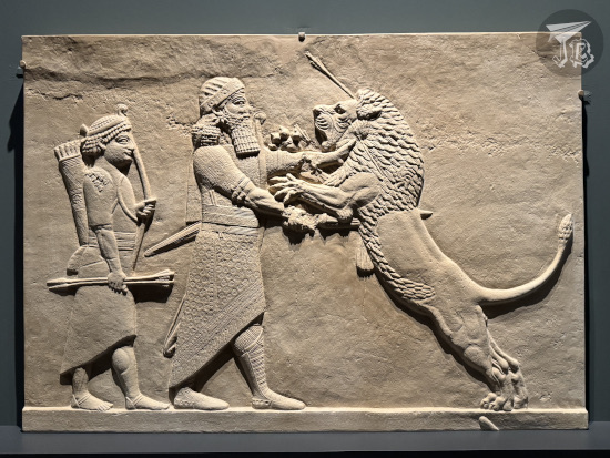 Assyrian bas relief showing a man fighting a lion