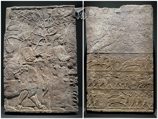 Assyrian bas reliefs - one shows people walking in a garden, the other battle scenes