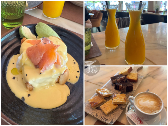 Brunch: egg Benedict, orange juice, cakes and coffee
