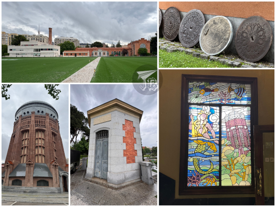 Collage: Inside the Canal de Isabel II HQ: towers, power station, manhole and decorated stained glass window