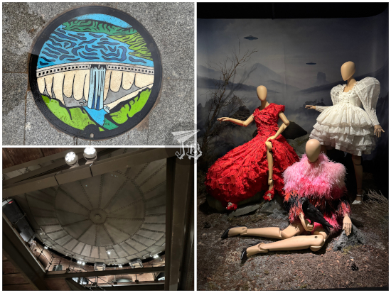 Collage: Manhole with the design of El Atazar dam, view of the spherical tank from underneath, and three frilly dresses