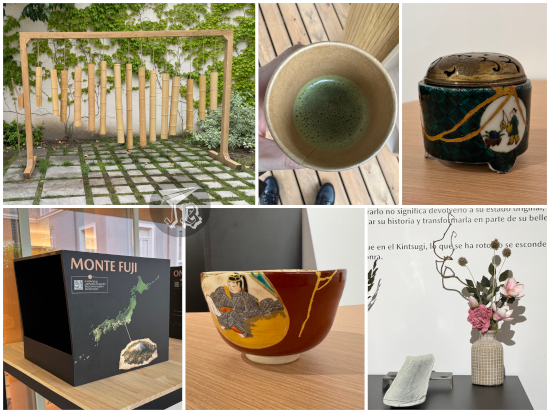 Collage: Mazda House. Xylophon made out of bamboo, green tea glass, flower decorations, objects repaired with glass and a Mount Fuji box