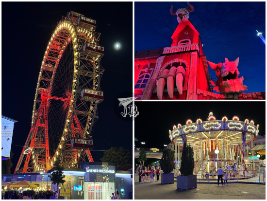 Prater amusement park: Ferris wheel, dragon peering over a building, carrousel